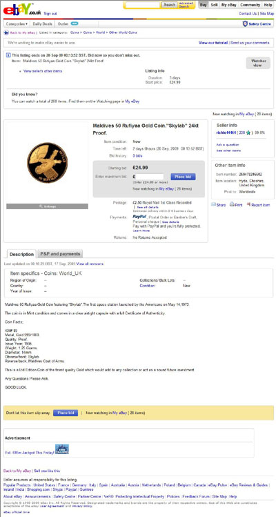 richie44464 eBay Listing Using our 1995 Maldives $50 Gold Proof Skylab Coin Photographs
